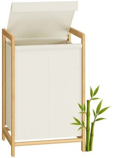 SONGMICS Wäschesammler mit Deckel, 2 Fächer Wäschekorb mit Bambusrahmen, Wäschesack abnehmbar, 100 L, creme