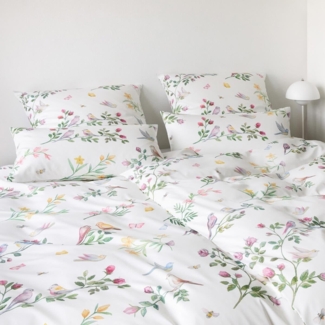Elegante Mako Satin Bettwäsche Songbird 24525-0 Vögel Weiß 135x200