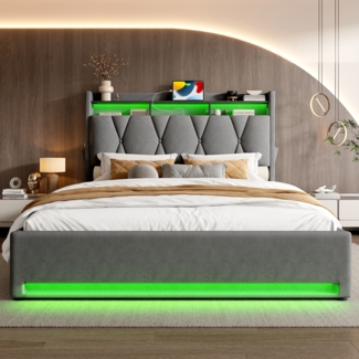 Polsterbett 160x200 cm mit LED & USB-Ladung, Dunkelgrau Samt, hydraulischer Stauraum (ohne Matratze)