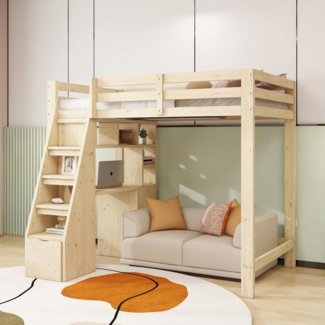Flieks Hochbett Kinderbett Einzelbett 90x200 cm mit Stauraum-Treppe und Schreibtisch