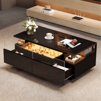 KLAM HOME Couchtisch 90 x 45 x 35.5 cm Couchtisch mit Tablett, Sofatisch mit 2 Schubladen (Hochglanz-Couchtisch fürs Wohnzimmer, kaffeetisch mit LED-Licht), Tragender Beistelltisch aus gehärtetem Glas