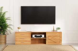 HOMAVO Lowboard TVG1-S mit 3 Schubladen & Schiebetür, 160 cm, FSC® zertifiziert, ohne Füße, Schiebetür mit Dekorleiste