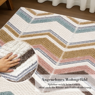 Teppich Wohnzimmer Hochflor - 200x290cm - Pastellfarben - Geometrisch Zick Zack - Muster - Boho - Skandinavisch Flauschig Weich - Schlafzimmer