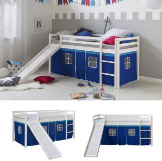 Hochbett Spielbett Kinderbett Rutsche Kiefer Vorhang blau 90x200 Jugendbett