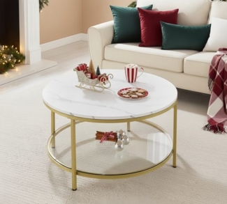 Vasagle Couchtisch mit Glasplatte, Holz / Stahl, Marmorweiß-Gold, Ø 80x46 cm