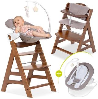 Hauck Hochstuhl Alpha Plus Walnut Newborn Set Deluxe (Set, 4 St), Holz Babystuhl ab Geburt inkl. Aufsatz für Neugeborene & Sitzauflage