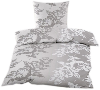 Casa Colori Bettwäsche Biber 135x200 cm mit Reißverschluss aus Baumwolle, Biber, 2 teilig, Grau mit Rosen Blumenmuster