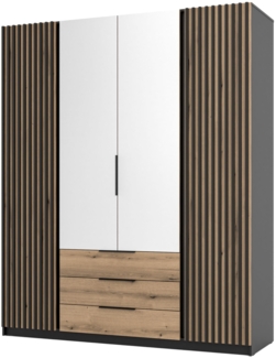 Selsey 'Kaja' Kleiderschrank 4-türig mit Lamellen, Spiegel & 3 Schubladen, Eiche/schwarz, ca. 239 x 200 x 62 cm