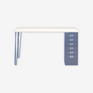 MultiDesk, 2 Eichenfüße, 1 MultiDrawer mit 6 Schüben, Dekor Weiß, Farbe Blau, Maße: H 740 x B 1400 x T 600 mm