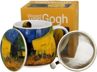 Duo-Gift Becher Tee Tasse mit Teesieb Mug / Fass / Fassbecher / Kaffee Tasse, Porzellan Mug : Ein 430-ml-Fassbeche.r ca. 9,8 x Ø 8x12,5 Becherfass mit Teesieb,TERRASSE BEI NACHT inspiriert von Van Gogh, Sommer Blumen / Tiere / Planzen mit Geschenkbox...