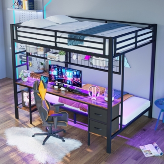 Etagenbett mit Schreibtisch und LED-Beleuchtung (90x200 cm/140x200 cm), Metallbett mit Rausfallschutz, Jugendbett