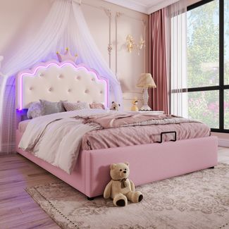Polsterbett 140x200 cm aus PU mit Stauraum und LED-Beleuchtung – Prinzessinnen-Design in Rosa