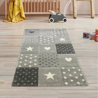 TeppichHome24 Kinderteppich Kinderzimmer Teppich Herz Stern creme schwarz grau, rechteckig, Höhe: 13 mm