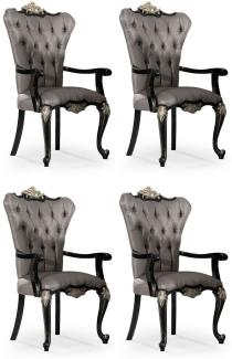Casa Padrino Luxus Barock Esszimmer Stuhl 4er Set mit Armlehnen Silber / Schwarz / Silber - Prunkvolle Barockstil Küchen Stühle - Luxus Barock Esszimmer Möbel - Edel & Prunkvoll