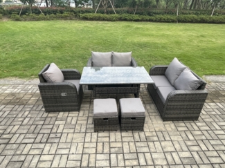 Fimous 7 Sitzer Rattan Garten Sofa Set Gartenmöbel Langer Rechteckiger Esstisch mit Sesseln Hockern Dunkelgrau gemischt