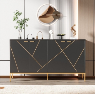 STILVORA Sideboard wohnzimmer 150×40cm Buffetschrank schwarz,Küchenschrank mit vier Türen (Eleganter Sideboard mit 4 Türen, flexiblen Regalen & stabilen Metallfüßen – TV- oder Kleiderschrank im minimalistischen Design, Schwarz-Gold, 150 x 40 x 80 cm, für W...