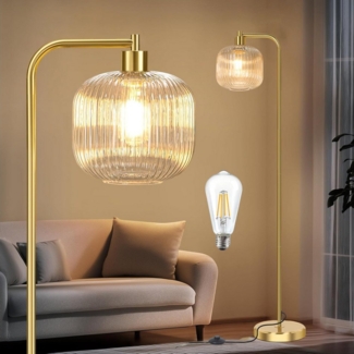 LMaxhome Stehlampe LED Modren Stehleuchte mit Glas Lampenschirm, Höhe 170cm Wohnraumlampe, Fußschalter, LED wechselbar, Warmes Weiß, mit E27-Fassung&Glühbirne Eckleuchte für Büro Wohnzimmer Schlafzimmer