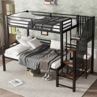 Etagenbett mit 2 Liegeflächen und Treppe (90x200cm/120x200cm) Kinderbett mit Regal und Rausfallschutz, Jugendbett, Metallbett