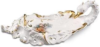 Casa Padrino Barock Serviertablett Schwan mit Blumen Weiß / Gold / Mehrfarbig 54x30 x H. 16 cm - Handbemaltes Keramik Tablett im Barockstil