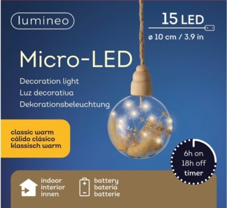 Lumineo LED Stern Micro-LED Glaskugel mit Trockenblumen 15 LED 10 cm, Batteriebetrieben, Timer, Klassischwarm, Indoor, 6h-Timer, Batteriebetrieben