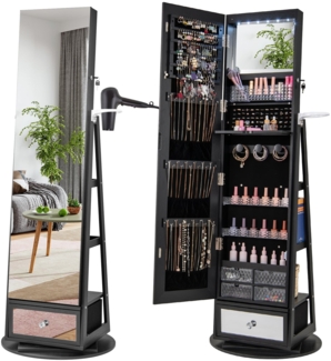 Um 360° drehbarer Schmuckschrank mit Ganzkörperspiegel abschließbarer Schmuckständer mit Haartrocknerständer Schwarz