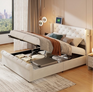 PXloue Polsterbett Doppelbett Stauraumbett 140x190 cm (Für Jugendliche geeignet), Mit 2 Leselampen und USB Anschlüsse,Lattenrost,160x200 cm