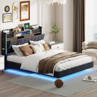 Furnishings Home Polsterbett Stauraumbett Doppelbett LED (3 USB & 1 TYPE-C, Klappbares Kopfteil), Mit LED-Beleuchtung, Nachttisch, Ladefunktion, Leinen, 140x200 cm