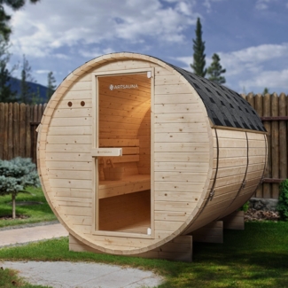 Artsauna Outdoor Fasssauna Spitzbergen 220 für 6 Personen - 8 kW Ofen, Saunasteine & Zubehör - Saunafass aus Fichtenholz - Außensauna Gartensauna