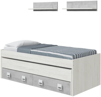 Dmora Balzola Kinderbett, Bettgestell für Schlafzimmer, Einzelbett mit ausziehbarem Bett und 2 Schubladen und 2 Regalen, 199x96h65, Weiß und Zement