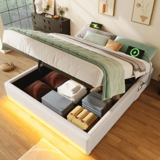 Futonbett mit LED-Beleuchtung, Aufbewahrung und Mehrfachsteckdose, 140x200 cm, Doppelbett ohne Kopfteil, Leinen