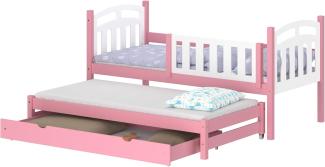 WNM Group Kinderbett Ausziehbar mit Rausfallschutz Suzie - aus Massivholz - Ausziehbett fr Mdchen und Jungen - Bett mit Schublade - Funktionsbett 200x90 / 190x90 cm - Rosa