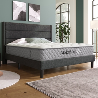 Polsterbett, Bettgestell mit Lattenrost & Kopfteil gepolstertes Doppelbett Textilbezug Leinen Jugendbett, Stoff, Dunkelgrau, 140 x 200 cm