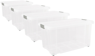 BigDean 4er Set Eurobox mit Deckel und Rollen 60 x 40 x 33 cm - Transparente Kunststoffbox, Griffe in Silberfarben