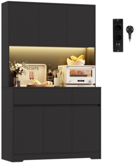 Homfa Küchenbuffet Küchenschrank Buffetschrank mit LED-Beleuchtung mit steckdosen, Arbeitsplatte und verstellbare Ablagen, 100x38,5x180cm