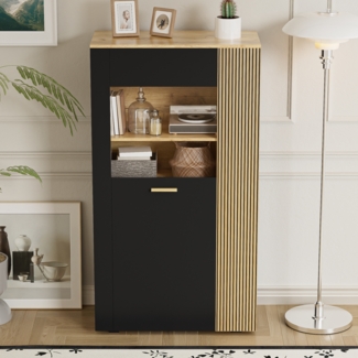 Sideboard aus Partikelholz mit Glasfront, 16‑Farben LED, integriertes Kabelmanagement, Schwarz/Natur,80 x 40 Bx 146 cm