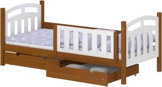 WNM Group Kinderbett mit Rausfallschutz Suzie - Jugenbett aus Massivholz - Bett mit 2 Schubladen fr Mdchen und Jungen - Funktionsbett 160x80 cm - Braun