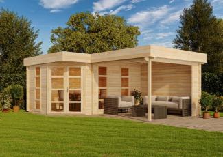 Alpholz 5-Eck Gartenhaus Lindau-40 mit Anbau Gartenhaus aus Holz Holzhaus mit 40 mm Wandstärke inklusive Terrasse Blockbohlenhaus mit Montagematerial