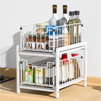 GarveeMore Küchenorganizer-Set 2Ebenen Auszug mit Schiebeschublade Kabinett Organizer Unter der Spüle, Slide-Out Stackable Under Sink Cabinet Organizer Mehrzweck für Küche