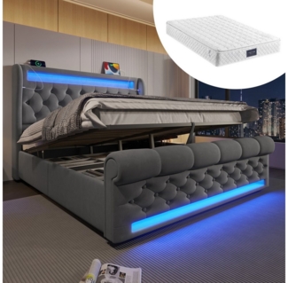 MODFU Polsterbett Hydraulisches Samt-Bett, rautenförmige Knopfknoten (Funktionsbett, 2-tlg, 140x200cm, mit Matratze (H25cm), mit USB- und Typ-C-Anschlüssen, LED-Leuchten