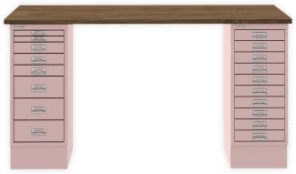 MultiDesk, 1 MultiDrawer mit 10 Schüben, 1 MultiDrawer mit 8 Schüben, Dekor Nussbaum, Farbe Pastellpink, Maße: H 740 x B 1400 x T 600 mm