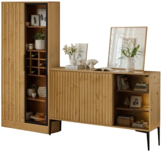 MODFU Wohnzimmer-Set mit Glastüren und Beleuchtung, (Badschrankkombinationen, Vitrinenkombinationen, 2-St, 1 Vitrine 160*60*35cm, 1 Sideboard 80*160*35cm), mit farbwechselnden LED-Leuchten, Curry-Glastür