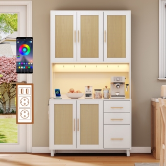 Merax 183cm Küchenanrichte, Buffet, App-gesteuerte LED-Deko-Lichter, 2 x USB, 2 x Steckdosen, verstellbare Einlegeböden, 3 Schubladen, Weiß