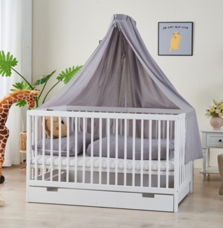 Alavya Home® Komplettbett TOBI 6-tlg. SET für Kleine Babys I 9-fach höhenverstellbarer EN 716-1, Babybett 70x140 mit Matratze, Schublade, Himmel + Himmelstange