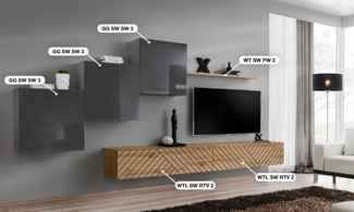 Wohnwand Switch Lamel, Korpus: Graphit, Wotan / Front: Graphit hochglanz PVC, Wotan PVC (gerillt)