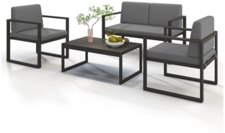 Melko Sitzgruppe Sitzgarnitur Aluminium Gartenset wetterfest Essgruppe Grau Lounge, (Set, 4-tlg, Möbelset bestehend aus 2er Sitzer Sofa, 2 Sessel und Beistelltisch), wasserabweisende Kissen mit Bändern zum Befestigen am Sessel