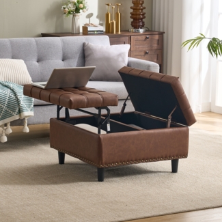 LVHOM Sitzbank mit Stauraum, Ottomane Leinen, Lift-Top - Fußhocker/Couchtisch, 130kg belastbar für Wohnzimmer/Büro/Schlafzimmer, 75x75x41cm, Braun