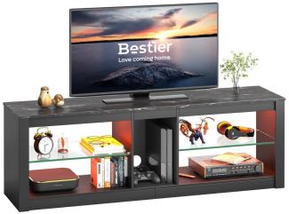 Bestier TV-Board Lowboard Schwarz, TV-Schrank 140×35×47cm (Fernsehschrank mit RGB-LED-Leuchten, integriertes Kabelmanagement, Lowboard für 65 Zoll & kleinere TVs), TV Board mit verstellbare Glasregal, Griffloses Design