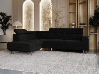 GrainGold Ecksofa mit Schlaffunktion und Bettkasten BERONA L - 255x190 cm, Schwarz, verstellbare Kopfstützen, Samt