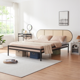 Metallbett Linköping mit ovalem Kopfteil 160x200 cm Schwarz/Rattanoptik [en. casa]