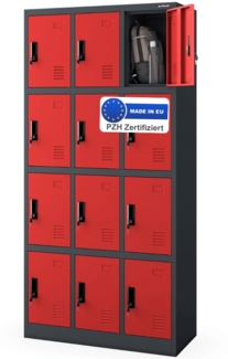Schließfachschrank Spind BERN - 12 Fächer, Etikettenhalter Lüftungsschlitze | Wertfachschrank Umkleideschrank Metall Kleiderspind, 185x90x40cm Anthrazit-Rot